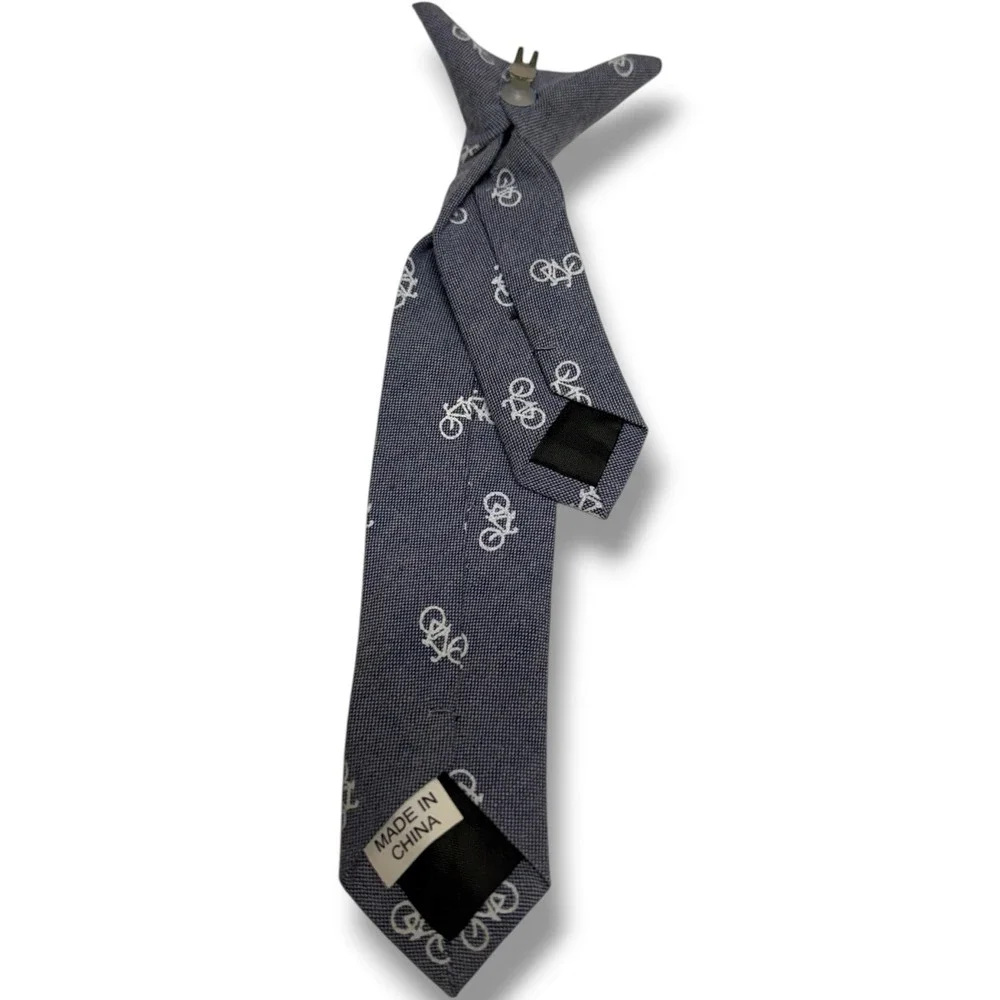 Toddler Boys Bicycle Print Clip On Necktie Navy Blue White Pre-Tied Tie 8.5